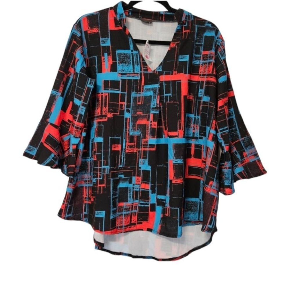 NWT Shiela Rose 3/4 bell sleeve black with red and blue square pattern - Size L
